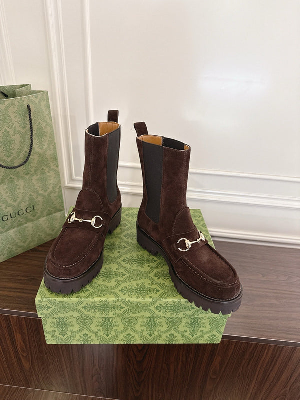 Gucci Horsebit Ankle Boots Dark Brown Black Suede Sheepskin 490527