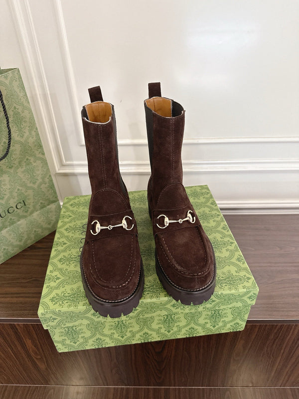 Gucci Horsebit Ankle Boots Dark Brown Black Suede Sheepskin 490527