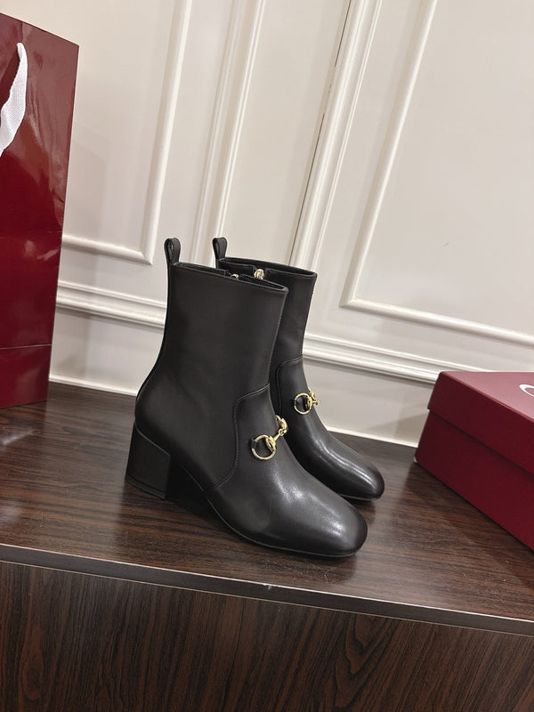 Gucci Horsebit Chunky Heel Ankle Boots Black Cowhide 490560