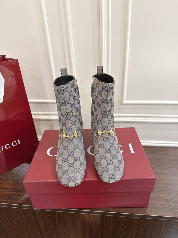 Gucci Horsebit Chunky Heel Ankle Boots Blue Ebony Cowhide Fabric 490558