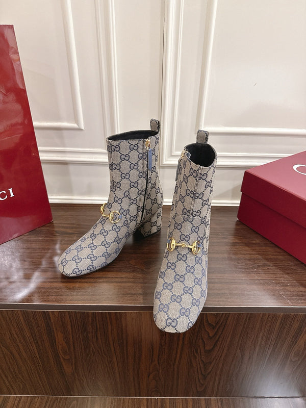 Gucci Horsebit Chunky Heel Ankle Boots Blue Ebony Cowhide Fabric 490558