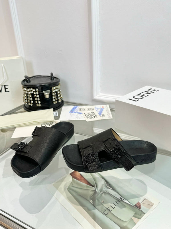Loewe Ease Leather Slide Black Sheepskin