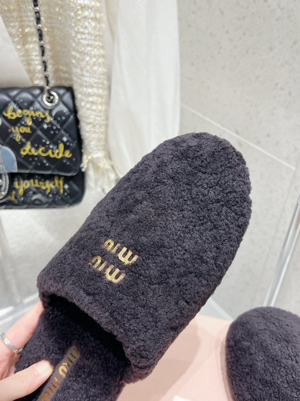 Miu Slippers Black Wool Fabric