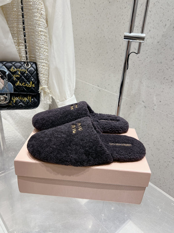 Miu Slippers Black Wool Fabric