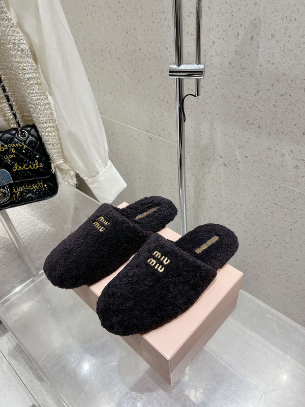 Miu Slippers Black Wool Fabric