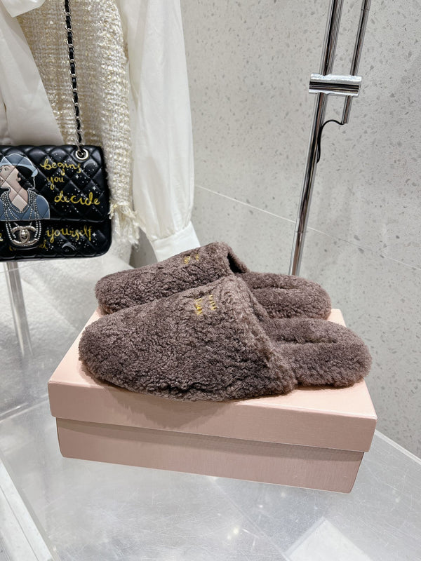 Miu Slippers Brown Earth Wool Fabric