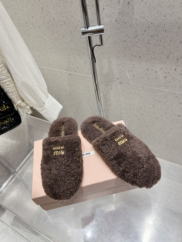 Miu Slippers Brown Earth Wool Fabric