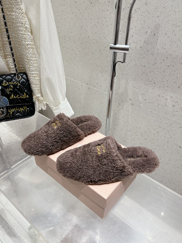 Miu Slippers Brown Earth Wool Fabric