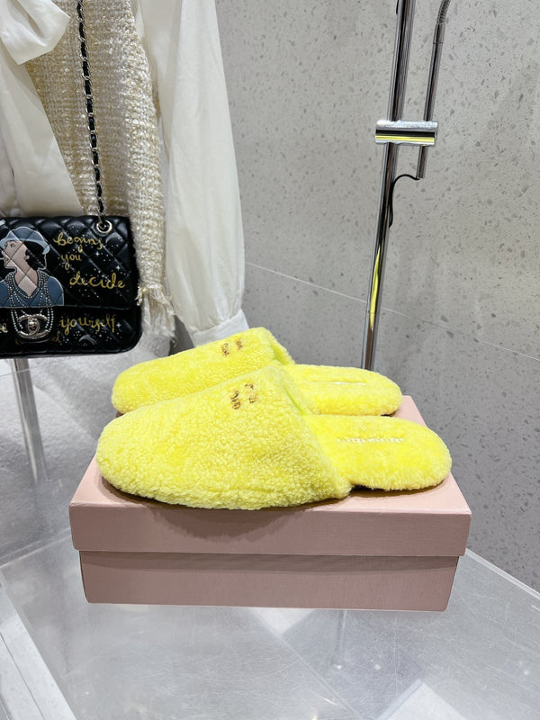 Miu Slippers Lemon Yellow Wool Fabric