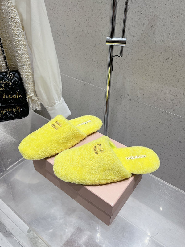 Miu Slippers Lemon Yellow Wool Fabric
