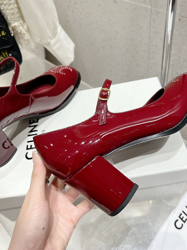 HIGH MARY JANE SHOES IN GARNET RED PATENT CALFSKIN