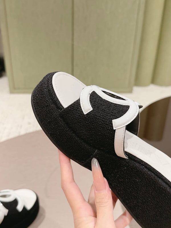 CC 26s Platform Mules Black White Lambskin Fabric 916992