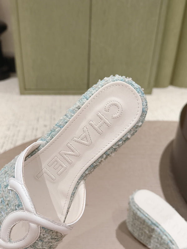 CC 26s Platform Mules Grey Blue Lambskin Fabric 916996