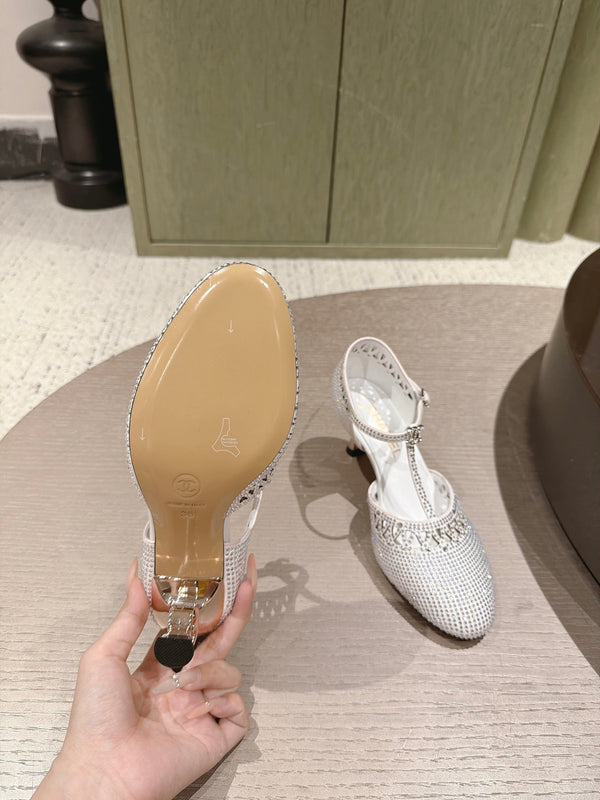 CC 26s T-strap Slingback 6.5cm White Lambskin/Rhinestones 917016