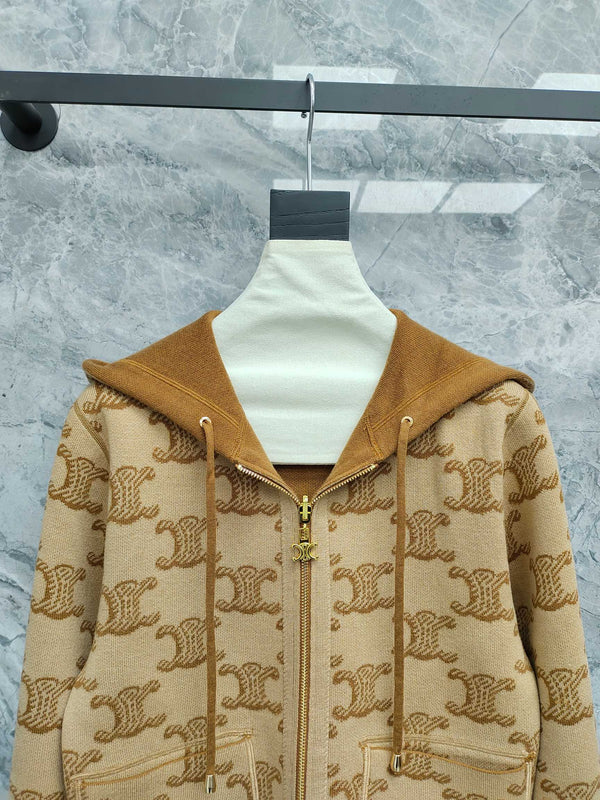 Celine 25 Hooded Knitted Cardigan Camel Brown Wool 282134