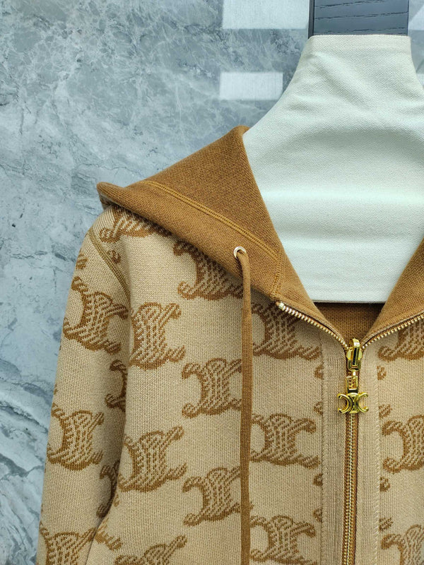 Celine 25 Hooded Knitted Cardigan Camel Brown Wool 282134