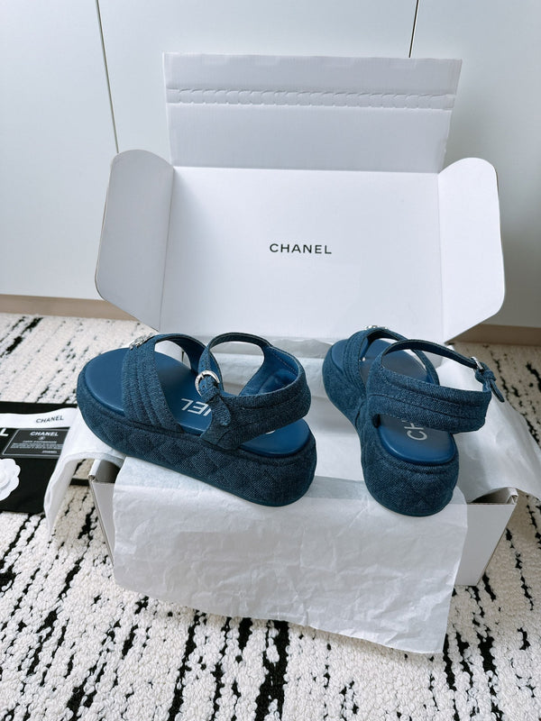 CC Sandals In Navy Blue Denim Fabric 144526