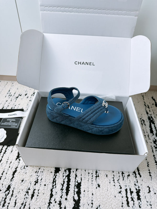 CC Sandals In Navy Blue Denim Fabric 144526