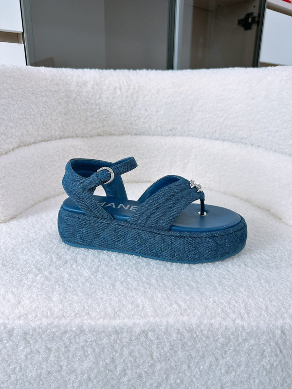 CC Sandals In Navy Blue Denim Fabric 144526