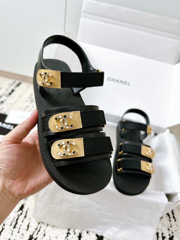 CC 25 Dad Sandals Black Fabric Leather 300167