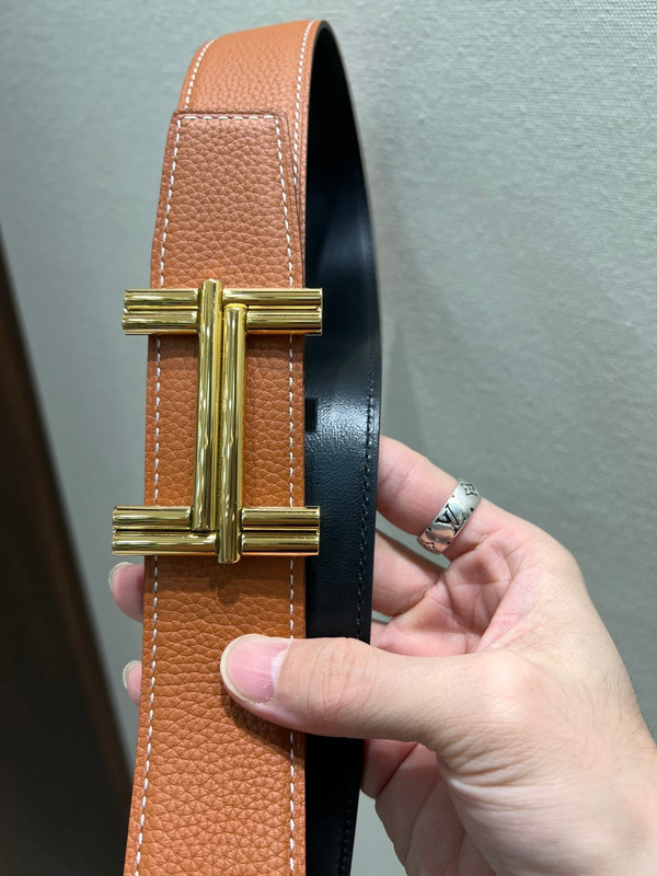 FIBBIA PER CINTURA HM TRAVERSE E CINTURINO REVERSIBILE IN PELLE MARRONE BRONZO 38 MM FERRAMENTA ORO