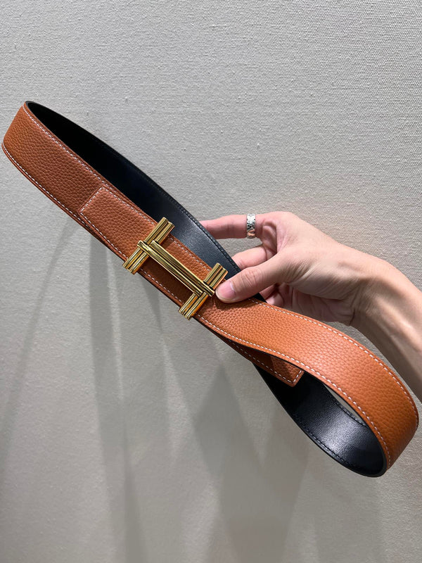 FIBBIA PER CINTURA HM TRAVERSE E CINTURINO REVERSIBILE IN PELLE MARRONE BRONZO 38 MM FERRAMENTA ORO