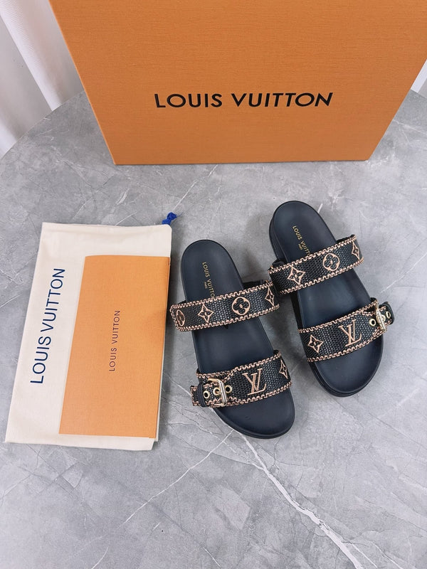 LV Sandals Black Embroidered Sedge