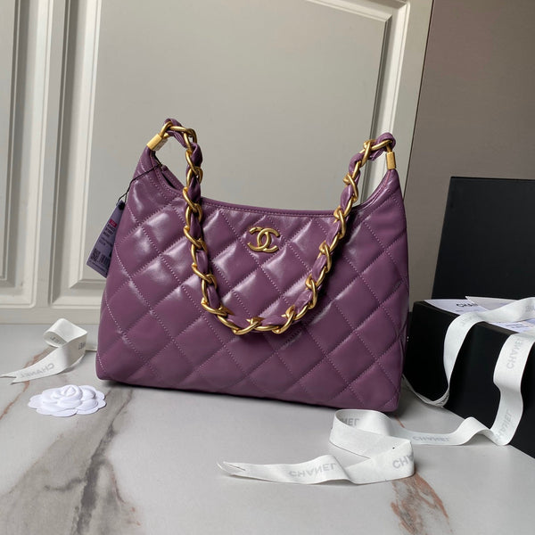 Borsa hobo 24a 38 cm in pelle di vitello viola con finiture dorate