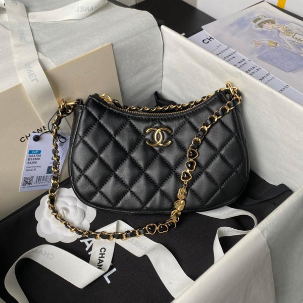 Borsa hobo 24p cc 20cm in pelle di agnello nera con finiture dorate