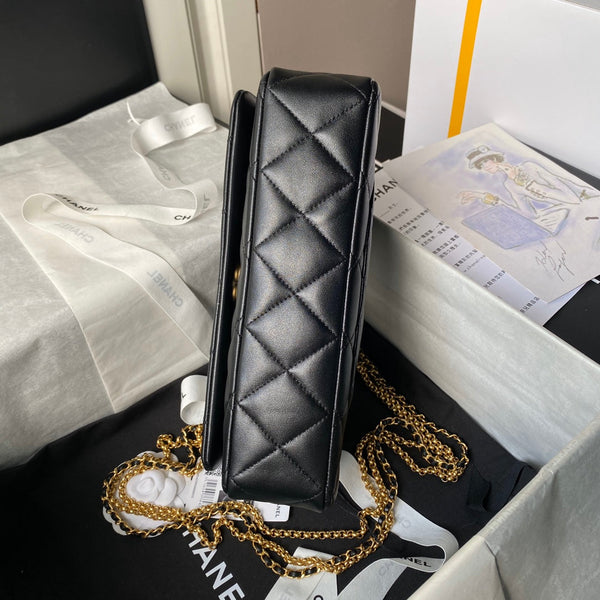 Borsa a patta classica 24a 26 cm in pelle di agnello nera con finiture dorate