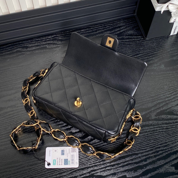 Borsa a patta CC 24K Mini 24 cm in pelle di agnello nera con finiture dorate