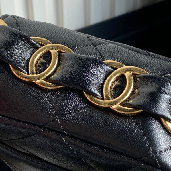 Borsa a patta CC 24K Mini 24 cm in pelle di agnello nera con finiture dorate