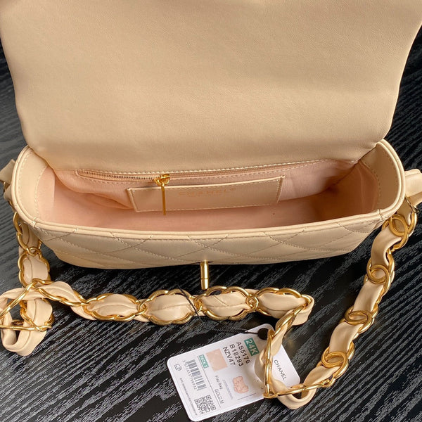 Borsa a patta CC 24K Mini 21 cm in pelle di agnello beige con finiture dorate