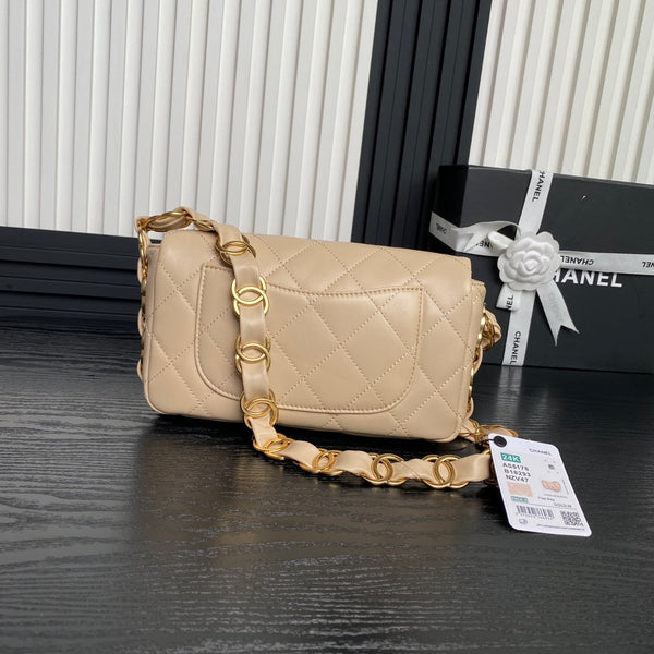 Borsa a patta CC 24K Mini 21 cm in pelle di agnello beige con finiture dorate