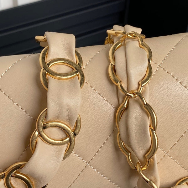 Borsa a patta CC 24K Mini 21 cm in pelle di agnello beige con finiture dorate