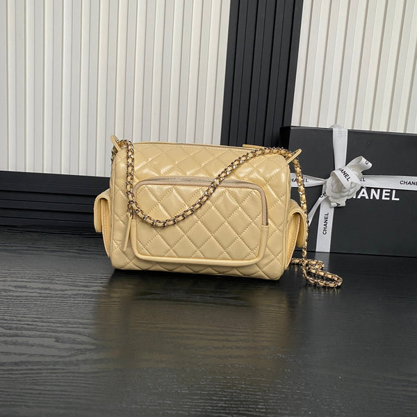 24K Camera Bag Beige Calfskin Gold Hardware