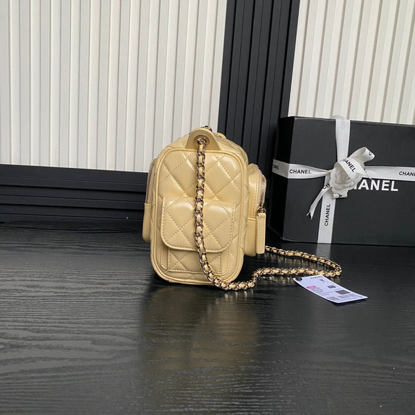 24K Camera Bag Beige Calfskin Gold Hardware