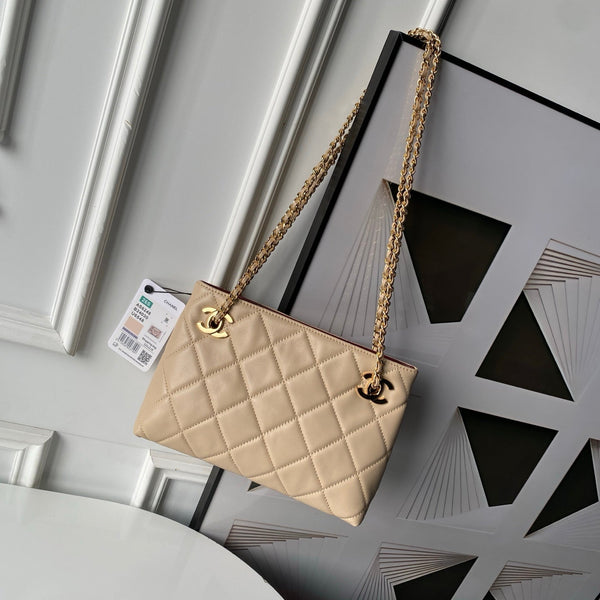 Chanel 2026 Small Shopping Tote Bag Black 24.5cm Beige Lambskin 348255