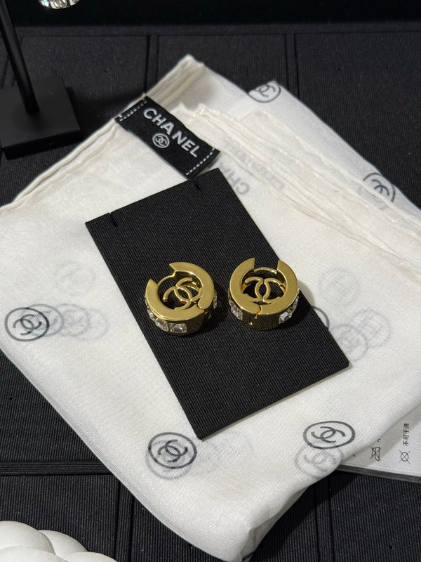 Chanel 2026 White Square Diamond Gold Double C Hoop Earrings Stud Earrings