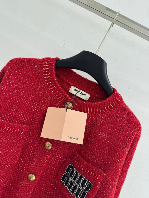 Miumiu 2025 Round Neck Cardigan Red Wool 656467