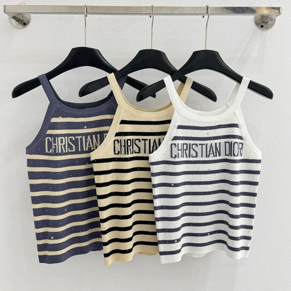 Débardeur en tricot à rayures et lettres en strass en laine CD 2026 455360
