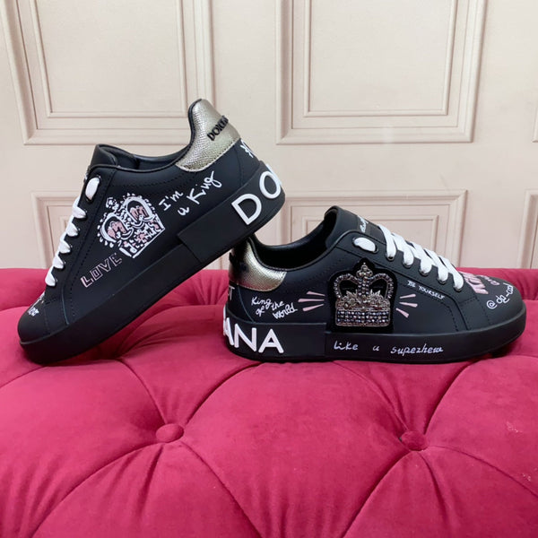 DC 24 Portofino Sneakers Black Digital-Print Sheepskin & Crown Embroidery 100859