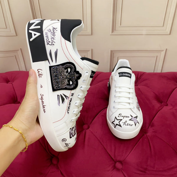 DC 24 Portofino Sneakers Black White Digital-Print Sheepskin & Crown Embroidery 100858