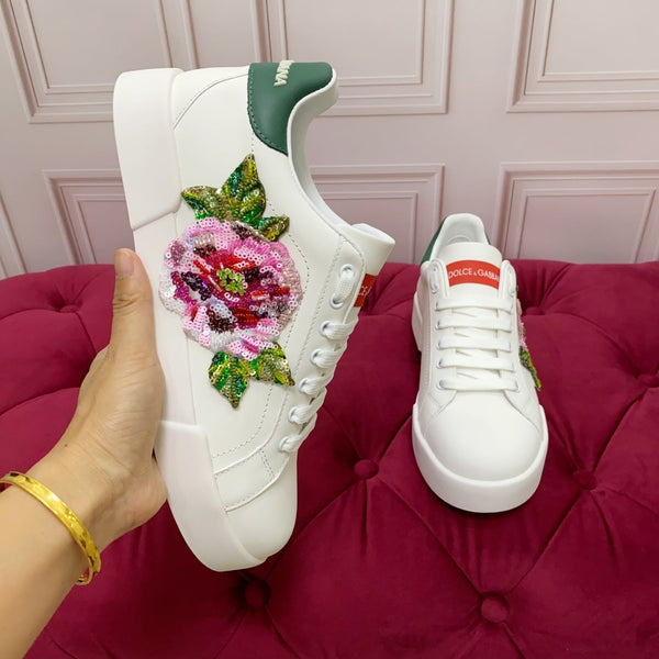 DC 25 Portofino Light Sneakers White Glitter Floral Pattern & Sheepskin 333871
