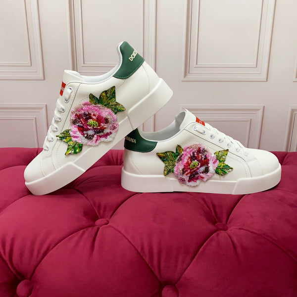 DC 25 Portofino Light Sneakers White Glitter Floral Pattern & Sheepskin 333871