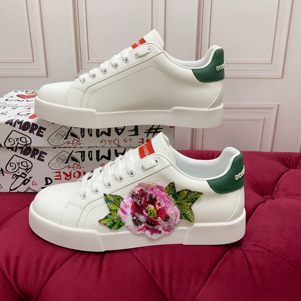 DC 25 Portofino Light Sneakers White Glitter Floral Pattern & Sheepskin 333871