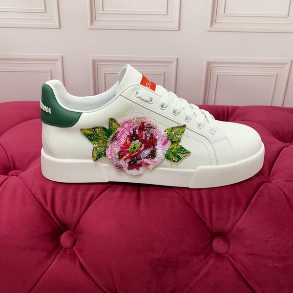DC 25 Portofino Light Sneakers White Glitter Floral Pattern & Sheepskin 333871