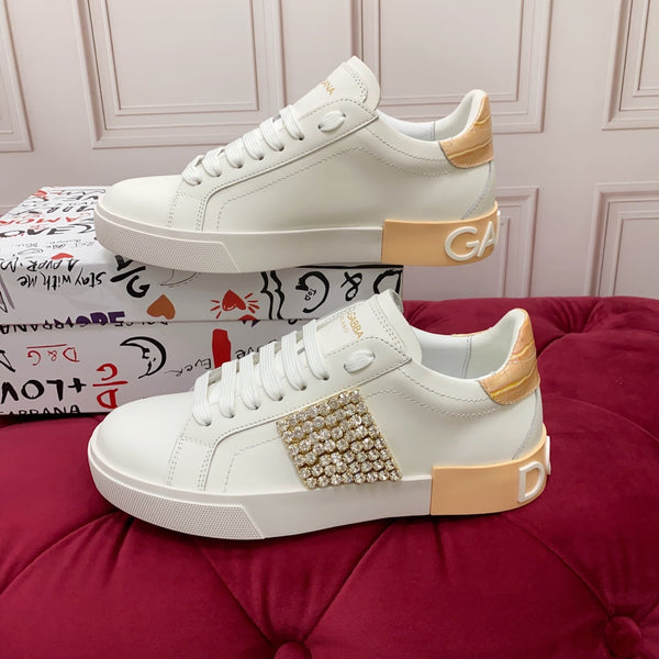 DC 25 Portofino Vintage Sneakers Yellow White Cowhide & Rhinestone Silk 333875
