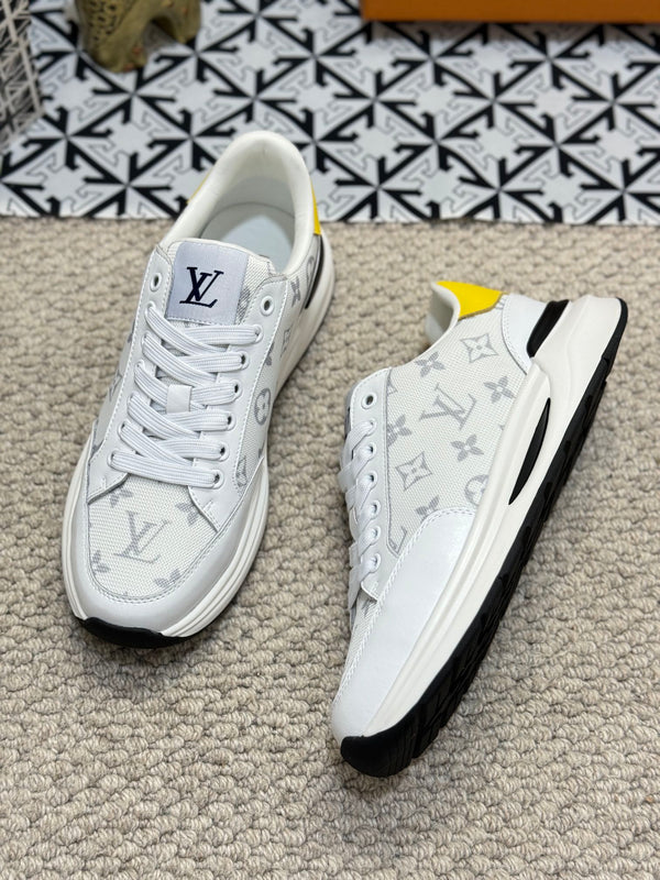 LV TRAINERS IN WHITE CALFSKIN AND JACQUARD