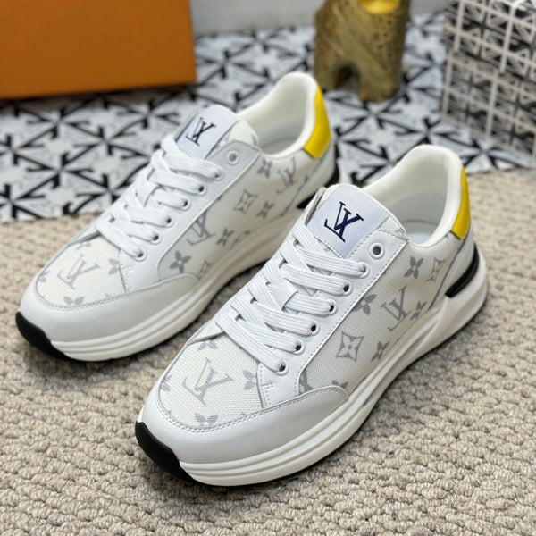 LV TRAINERS IN WHITE CALFSKIN AND JACQUARD